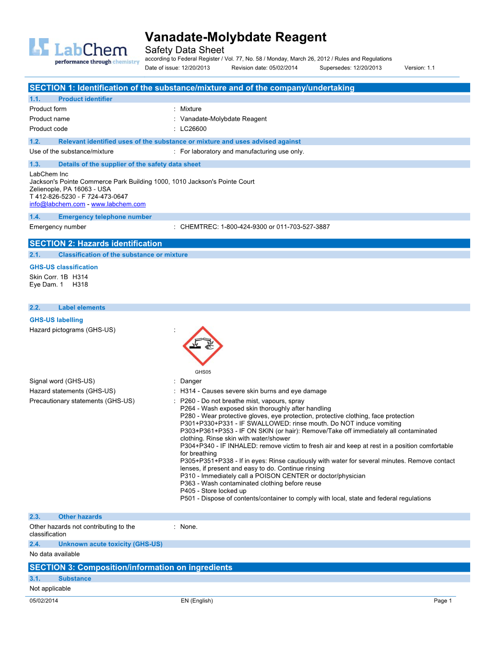 Vanadate-Molybdate Reagent Safety Data Sheet According to Federal Register / Vol