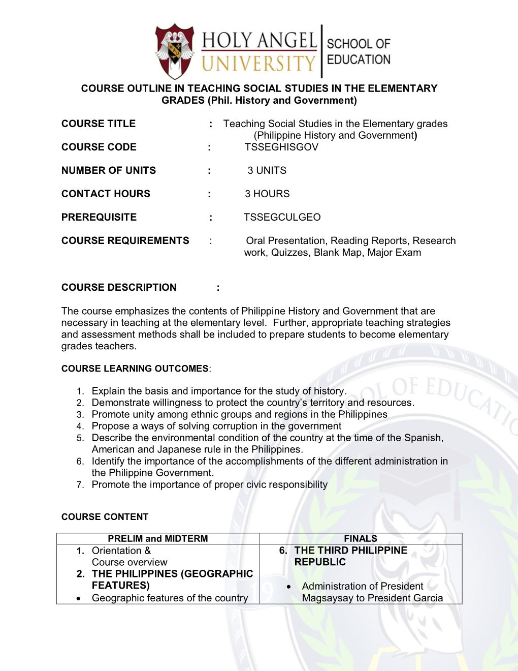 COURSE OUTLINE in TEACHING SOCIAL STUDIES in the ELEMENTARY GRADES (Phil