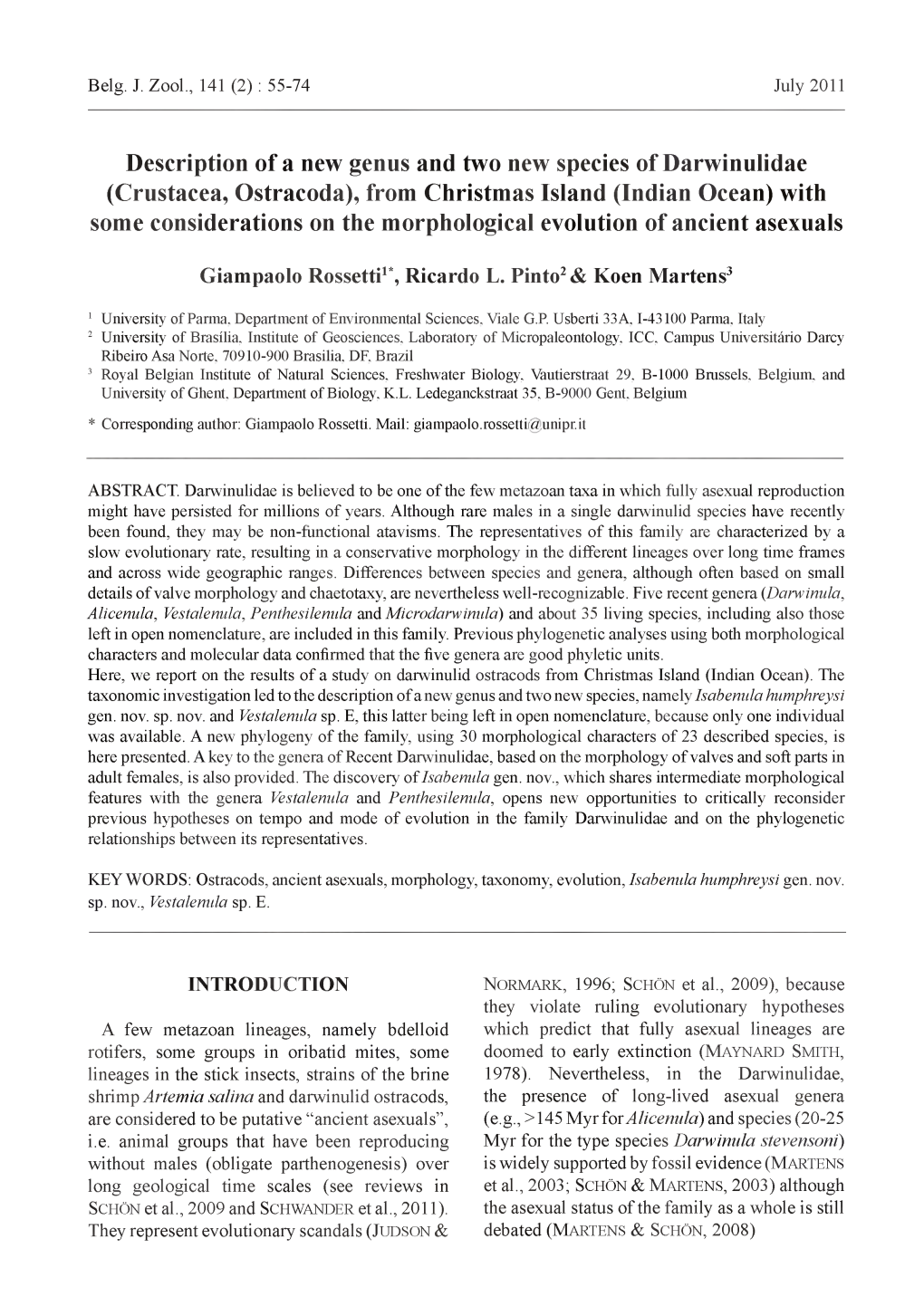 Crustacea, Ostracoda), from Christmas Island (Indian Ocean) with Some Considerations on the Morphological Evolution of Ancient Asexuals