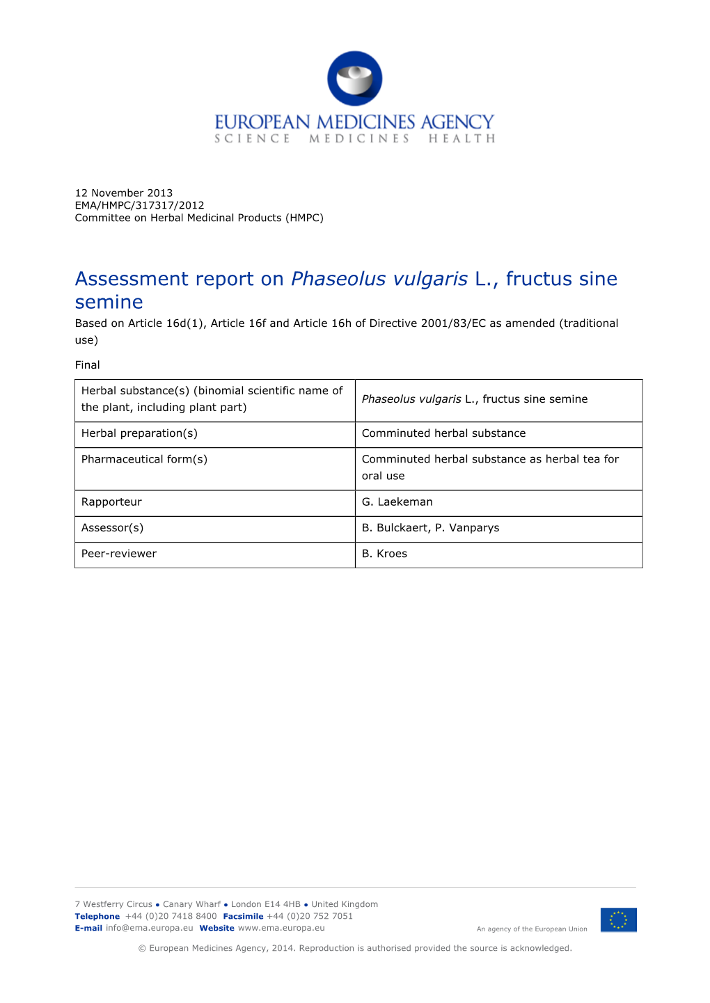 List Item Final Assessment Report on Phaseolus Vulgaris L., Fructus Sine