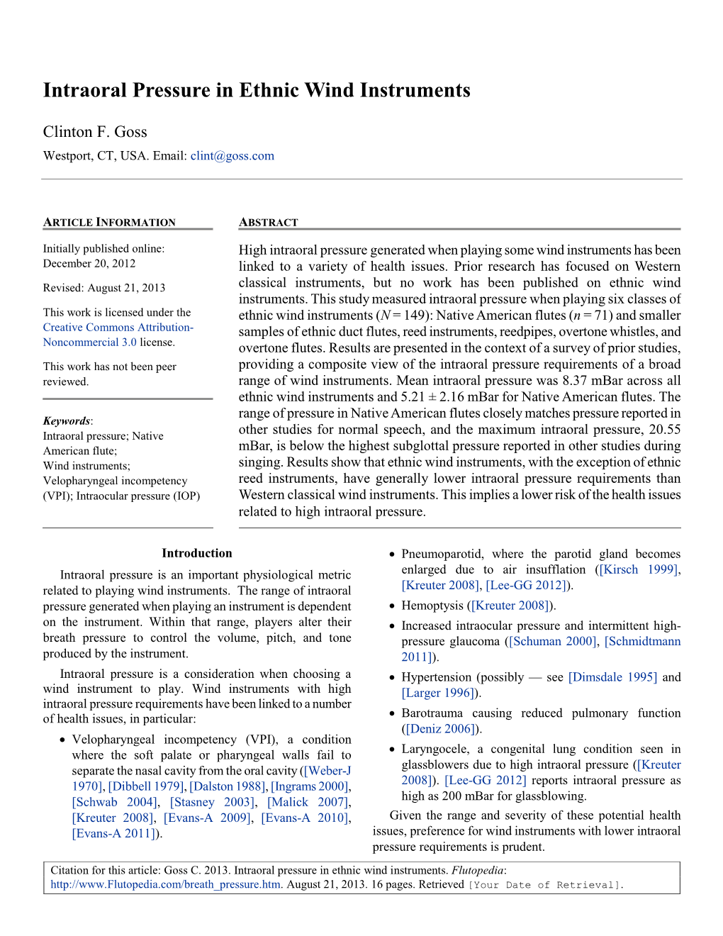 Intraoral Pressure in Ethnic Wind Instruments