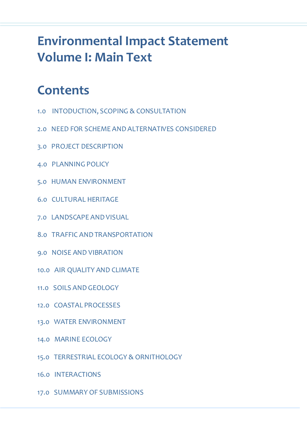 Environmental Impact Statement Volume I: Main Text Contents