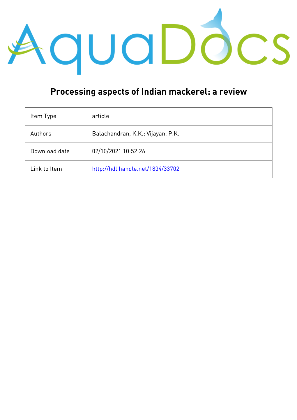 Processing Aspects of Indian Mackerel a Review