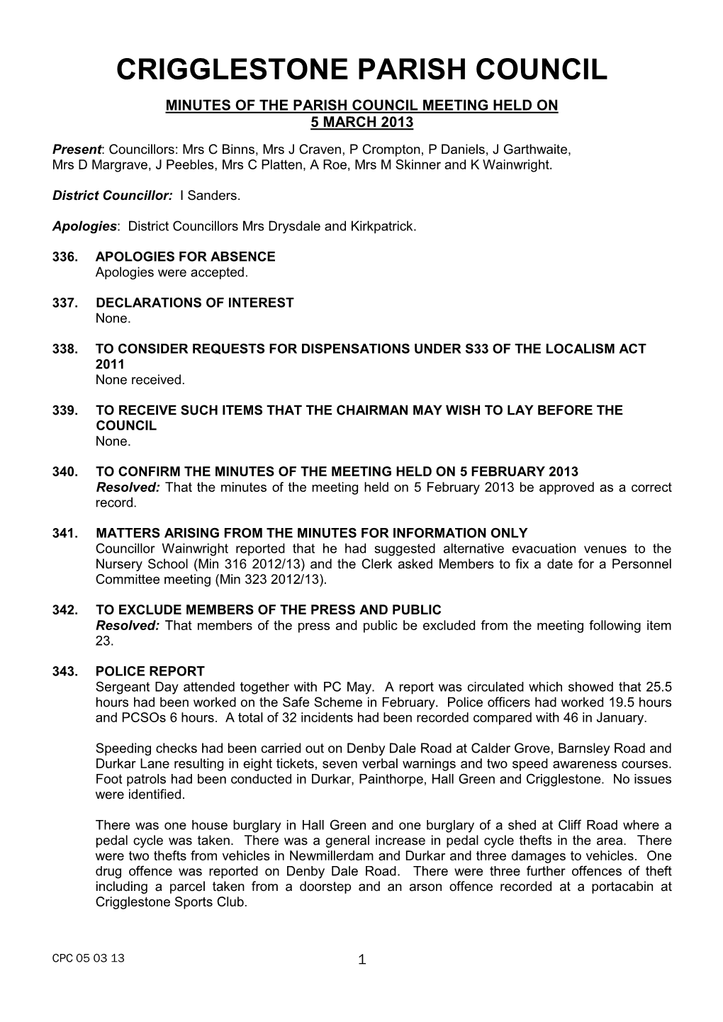 Minutes of the Council Meeting 5 March 2013