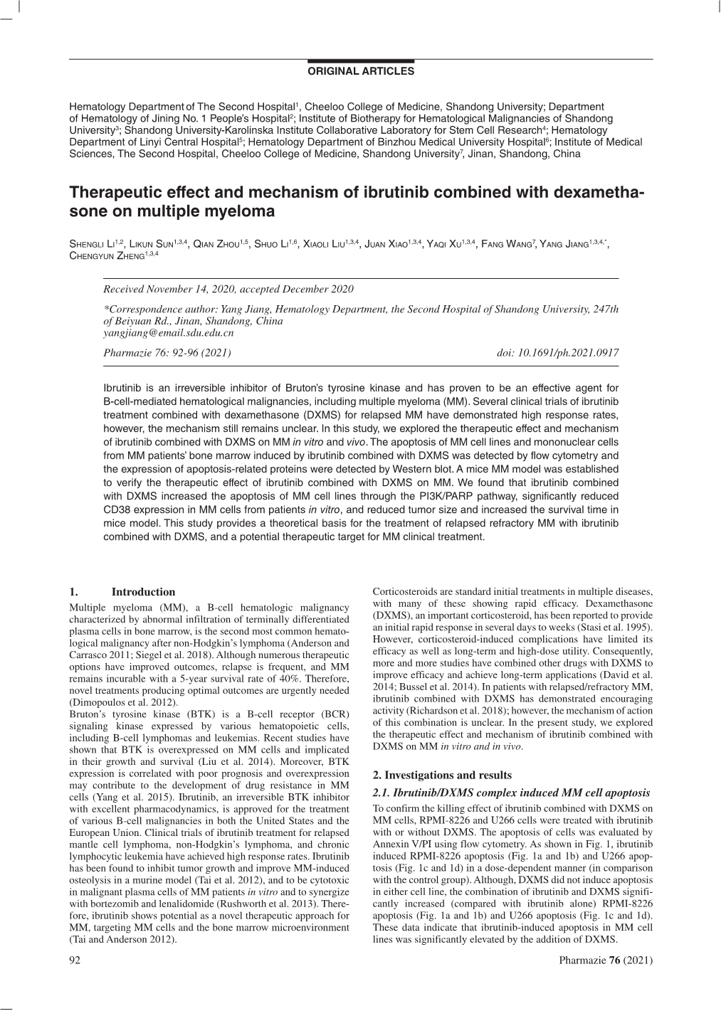 Therapeutic Effect and Mechanism of Ibrutinib Combined with Dexametha- Sone on Multiple Myeloma