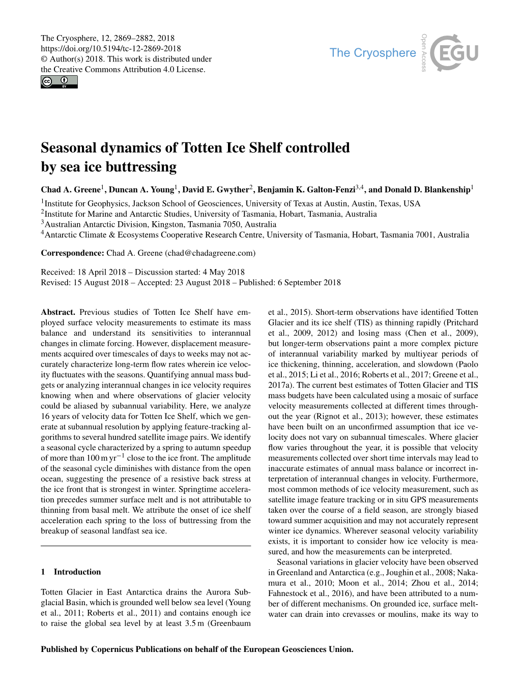 Seasonal Dynamics of Totten Ice Shelf Controlled by Sea Ice Buttressing