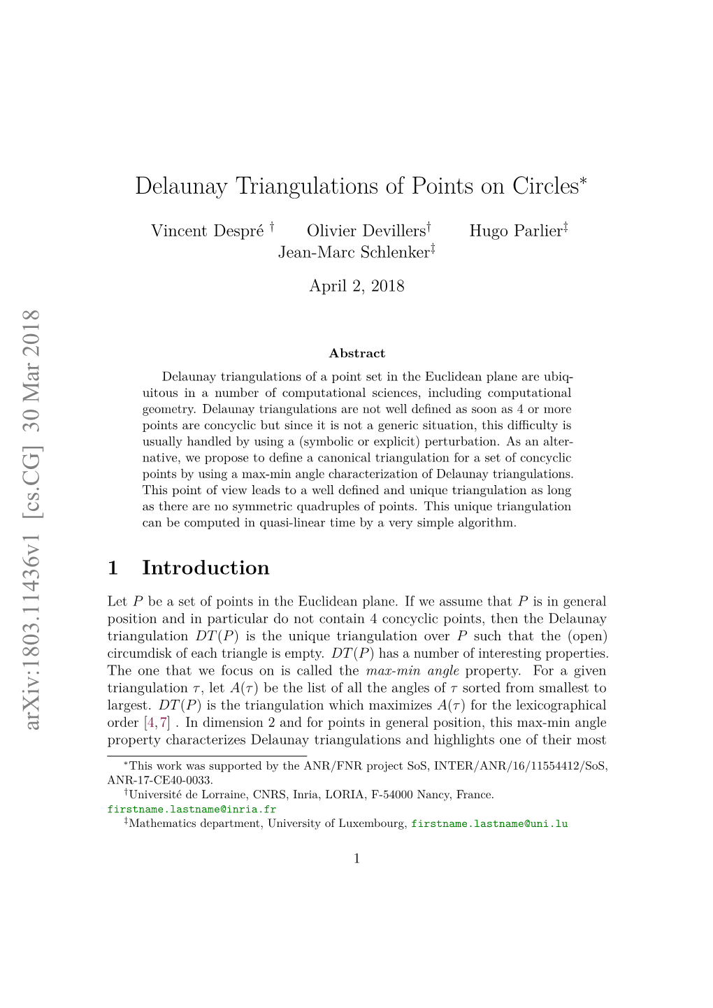 Delaunay Triangulations of Points on Circles Arxiv:1803.11436V1 [Cs.CG