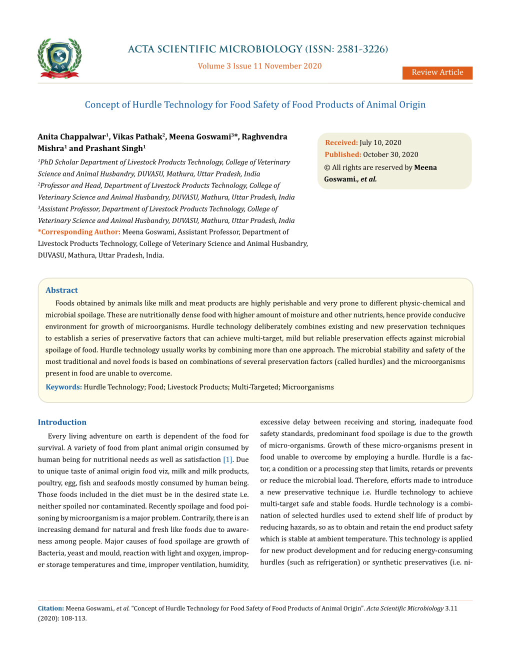 Concept of Hurdle Technology for Food Safety of Food Products of Animal Origin