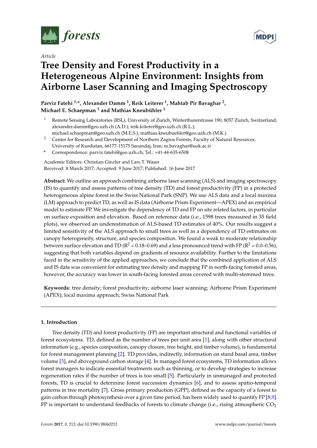 Tree Density and Forest Productivity in a Heterogeneous Alpine Environment: Insights from Airborne Laser Scanning and Imaging Spectroscopy