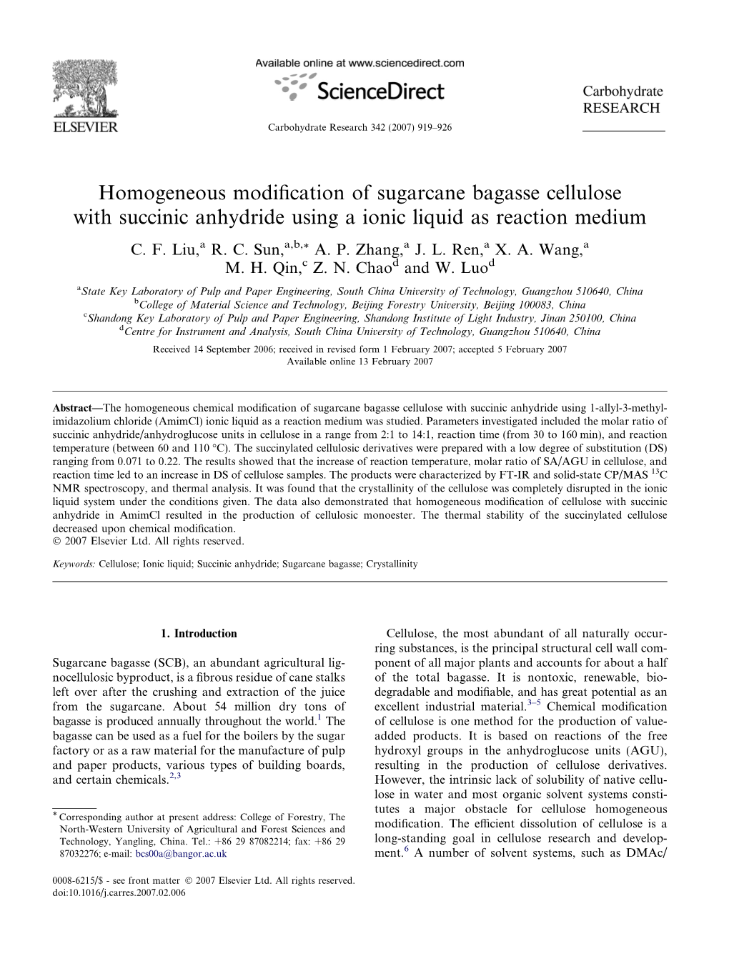 Homogeneous Modification of Sugarcane Bagasse Cellulose With