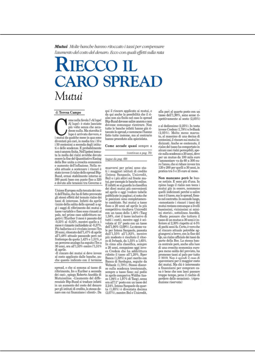 RIECCO IL CARO SPREAD Mutui