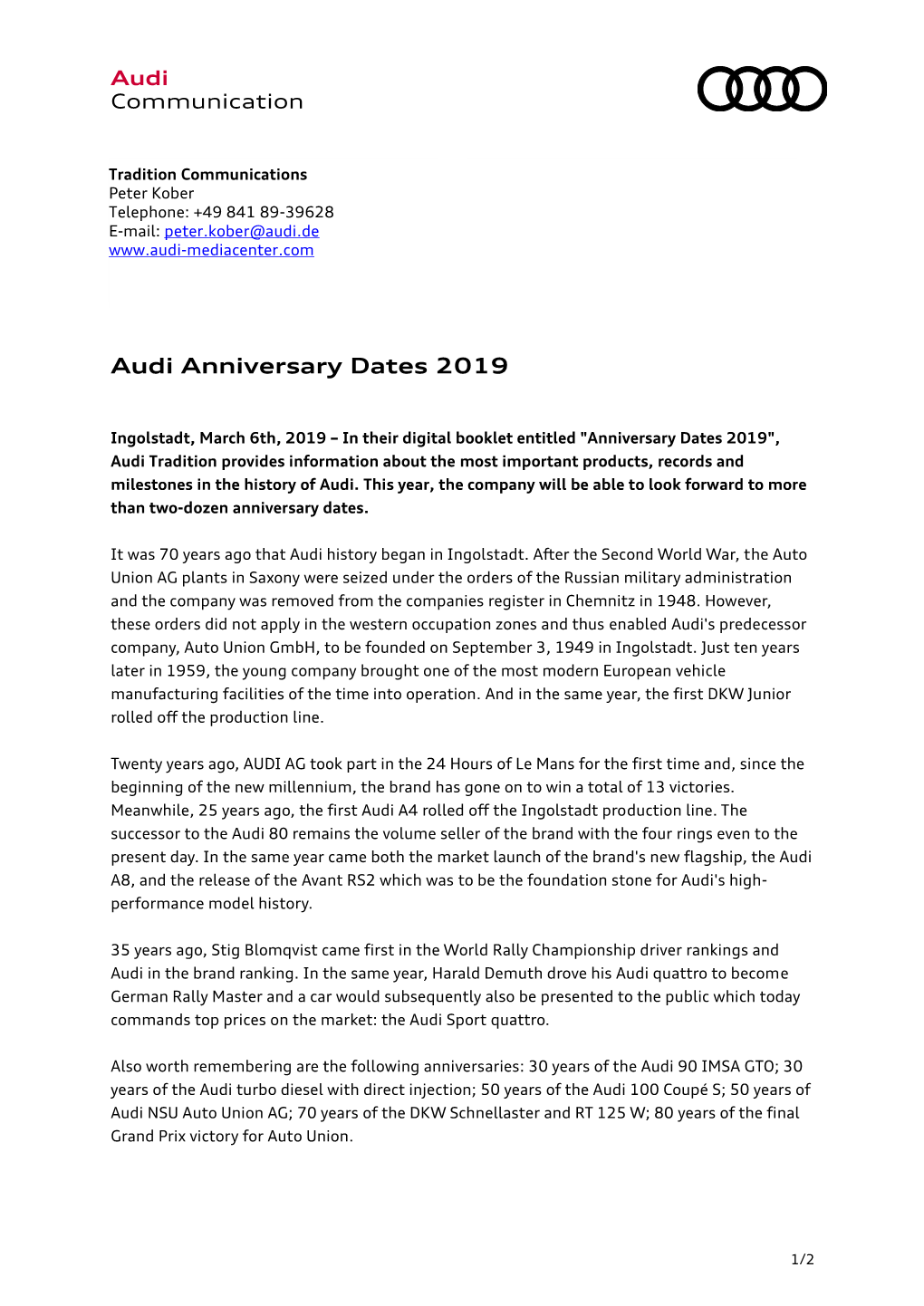 Audi Anniversary Dates 2019