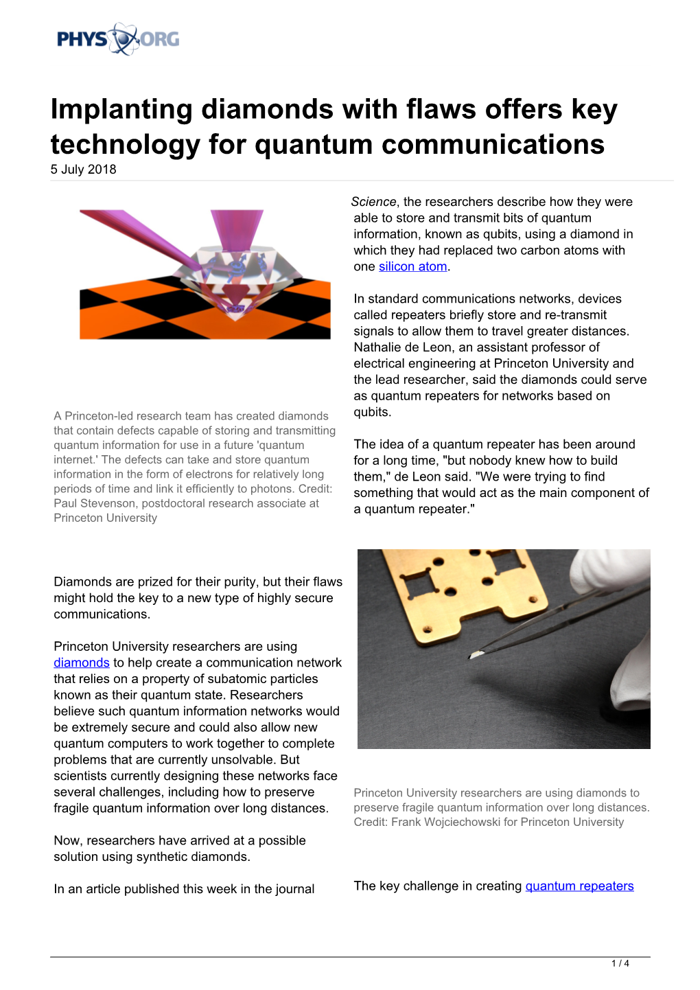 Implanting Diamonds with Flaws Offers Key Technology for Quantum Communications 5 July 2018