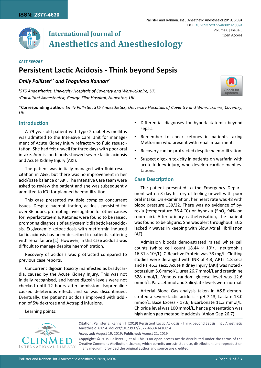 Persistent Lactic Acidosis - Think Beyond Sepsis Emily Pallister1* and Thogulava Kannan2