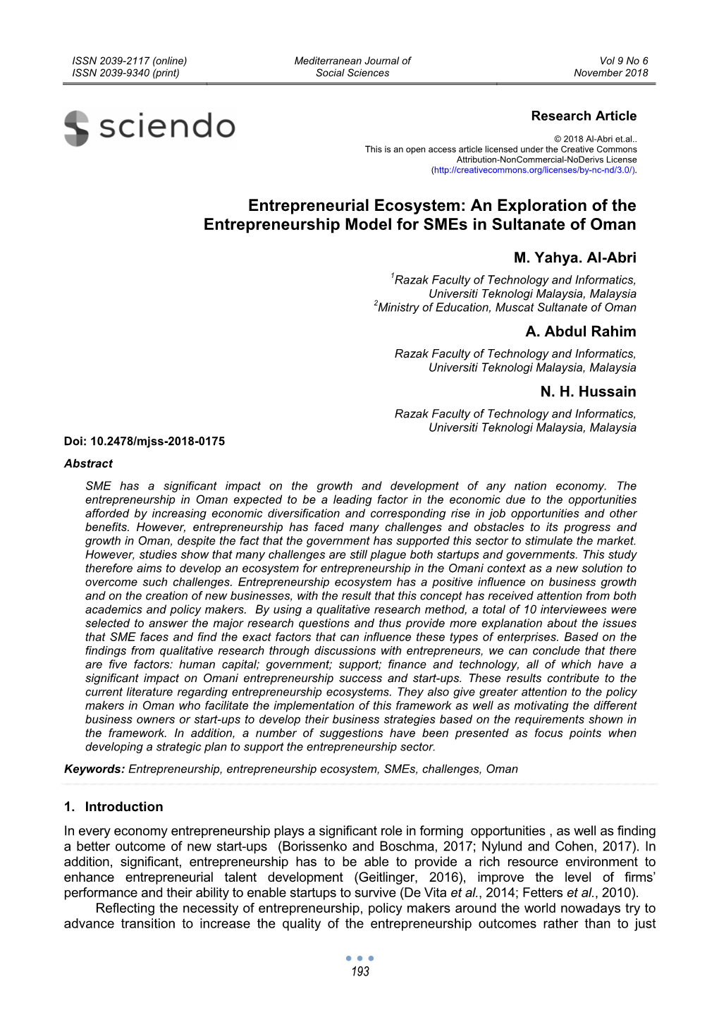 Entrepreneurial Ecosystem: an Exploration of the Entrepreneurship Model for Smes in Sultanate of Oman