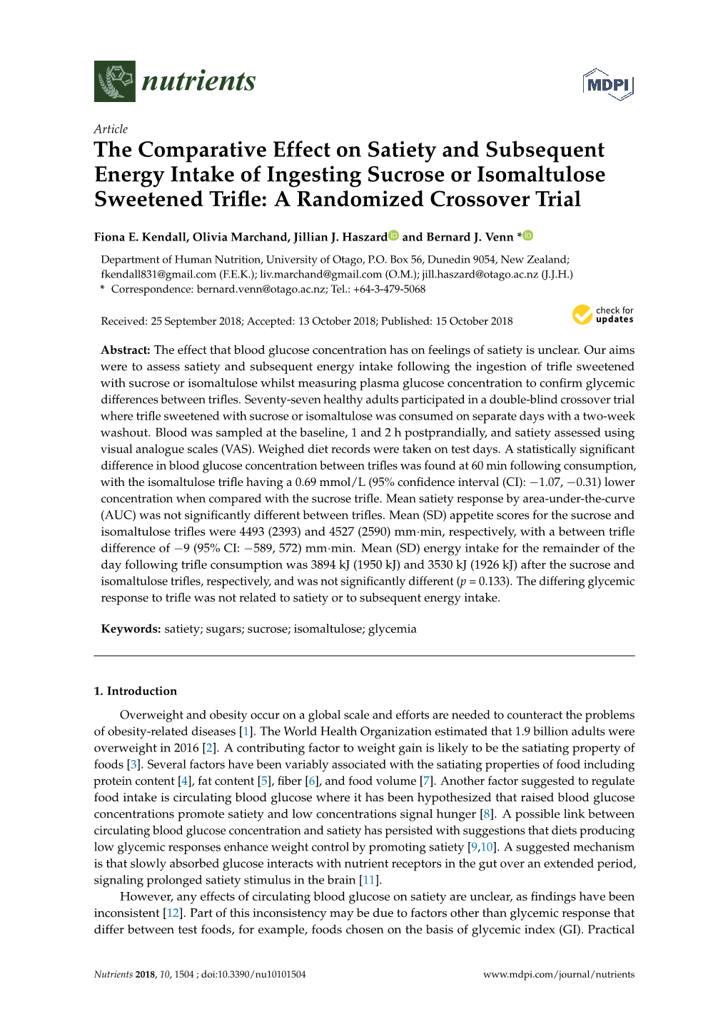 The Comparative Effect on Satiety and Subsequent Energy Intake of Ingesting Sucrose Or Isomaltulose Sweetened Triﬂe: a Randomized Crossover Trial