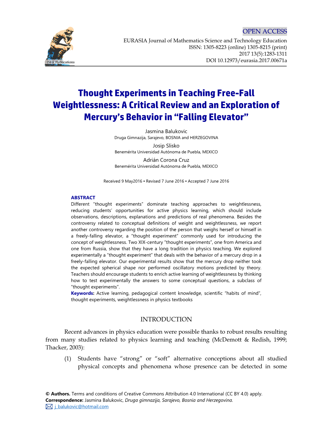 Thought Experiments in Teaching Free-Fall Weightlessness: a Critical Review and an Exploration of Mercury’S Behavior in “Falling Elevator”