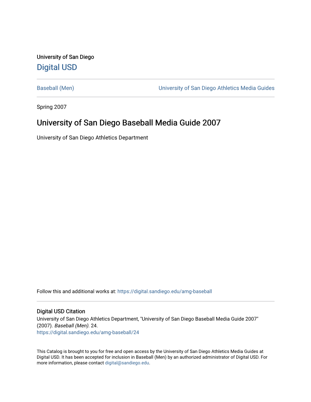 University of San Diego Baseball Media Guide 2007