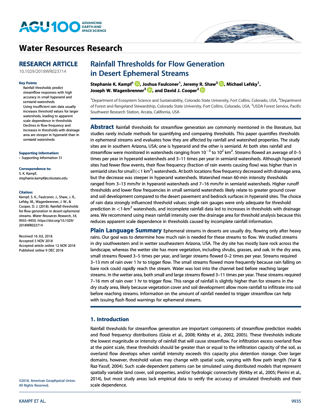 Rainfall Thresholds for Flow Generation in Desert Ephemeral