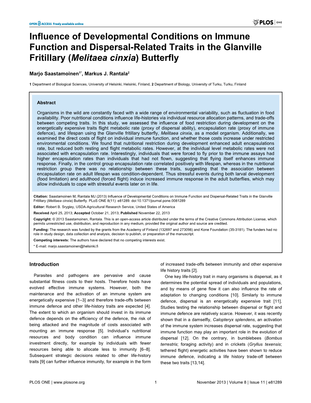 Influence of Developmental Conditions on Immune Function and Dispersal-Related Traits in the Glanville Fritillary (Melitaea Cinxia) Butterfly