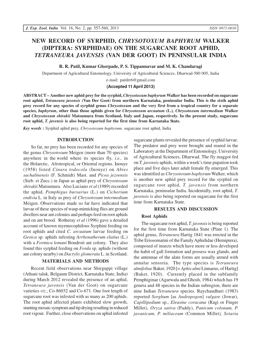 New Record of Syrphid, Chrysotoxum Baphyrum Walker (Diptera: Syrphidae) on the Sugarcane Root Aphid, Tetraneura Javensis (Van Der Goot) in Peninsular India