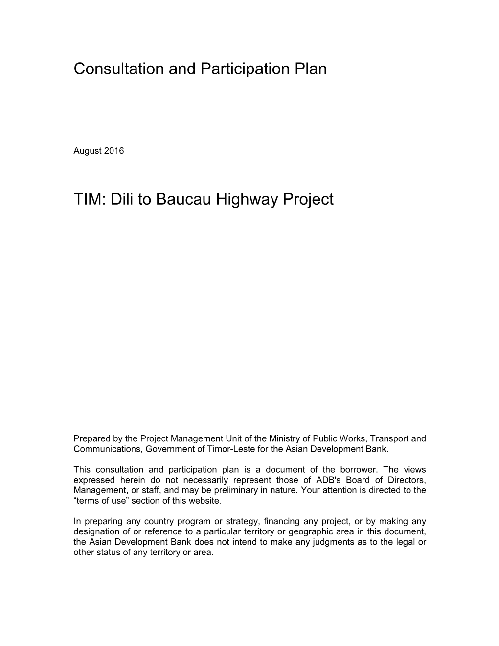 Consultation and Participation Plan TIM: Dili to Baucau Highway Project