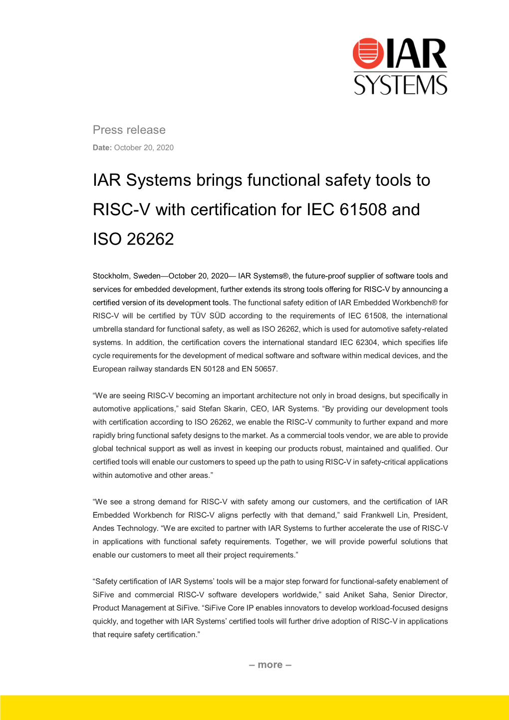 IAR Systems Brings Functional Safety Tools to RISC-V with Certification for IEC 61508 and ISO 26262