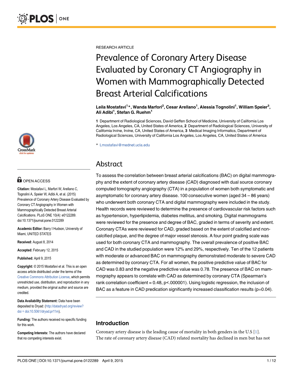 Prevalence of Coronary Artery Disease Evaluated by Coronary CT Angiography in Women with Mammographically Detected Breast Arterial Calcifications