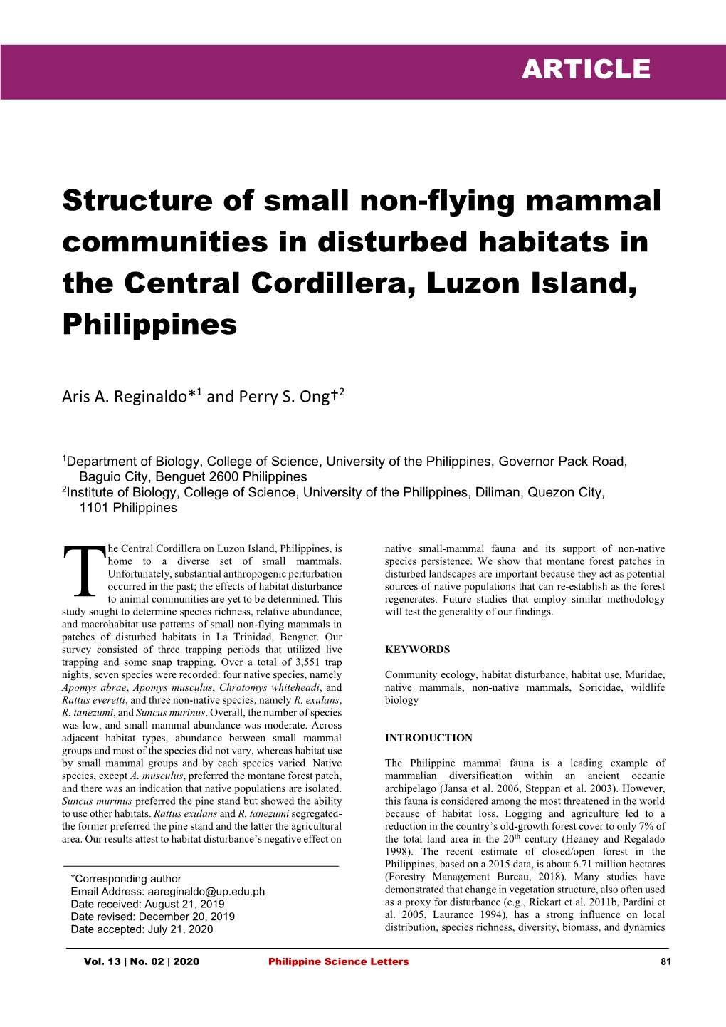 Structure of Small Non-Flying Mammal Communities in Disturbed Habitats in the Central Cordillera, Luzon Island, Philippines