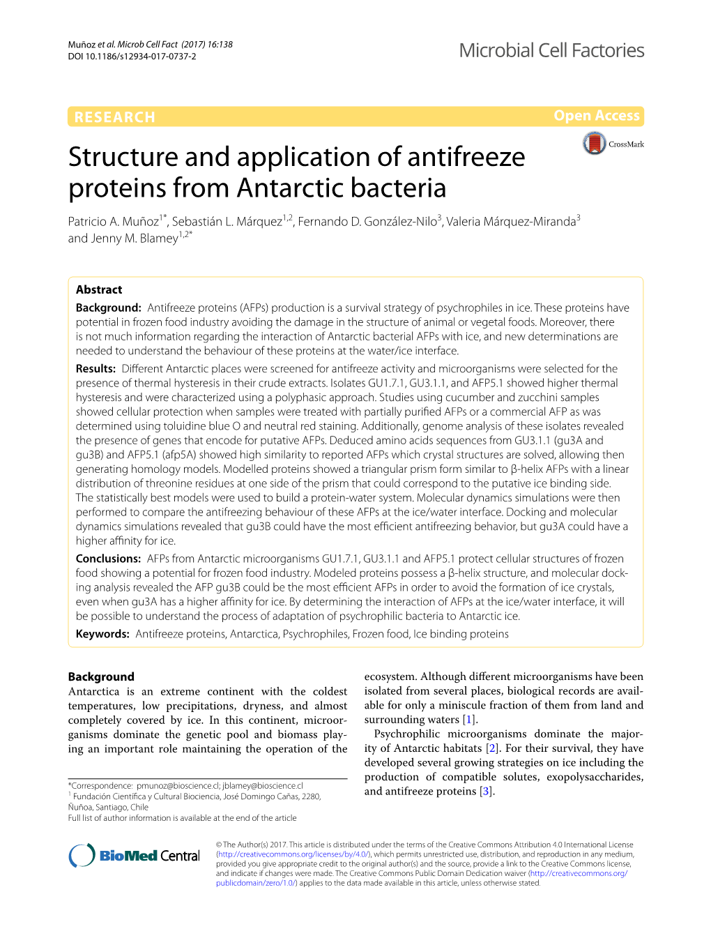 Structure and Application of Antifreeze Proteins from Antarctic Bacteria Patricio A