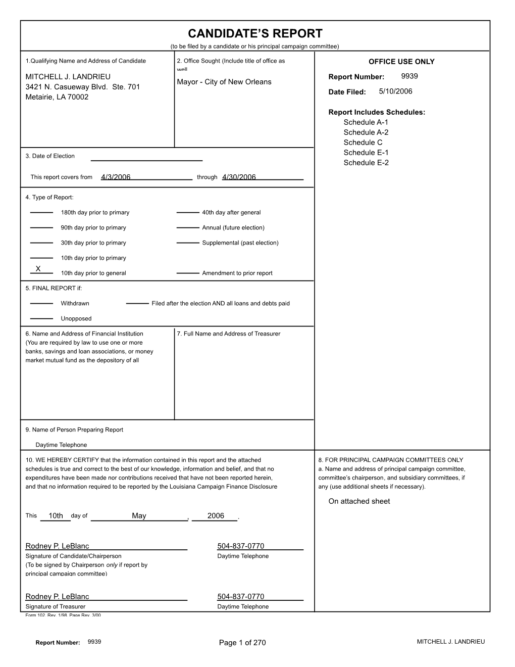 Candidate's Report