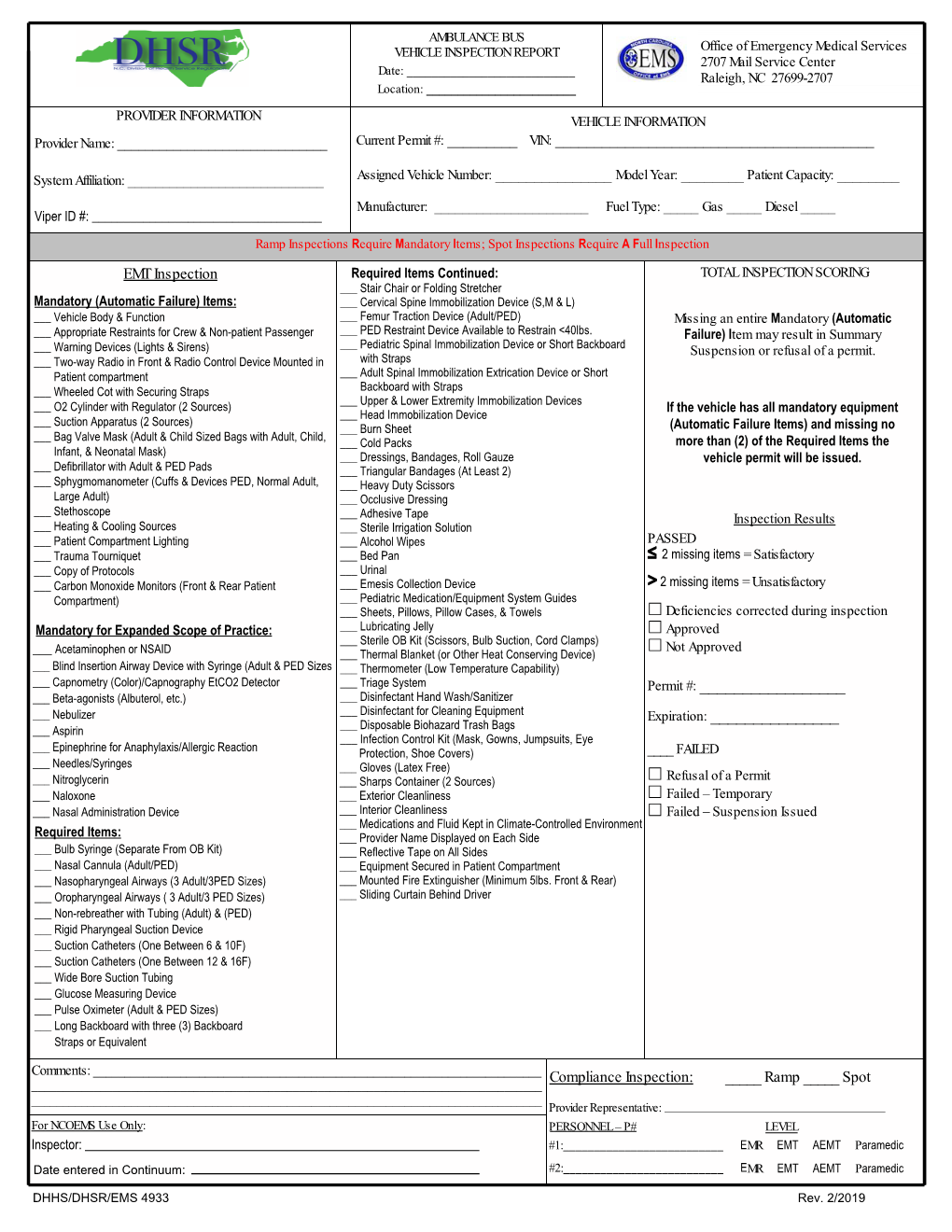 AMBULANCE BUS VEHICLE INSPECTION REPORT Office of Emergency Medical Services 2707 Mail Service Center Date: ______Raleigh, NC 27699-2707 Location: ______