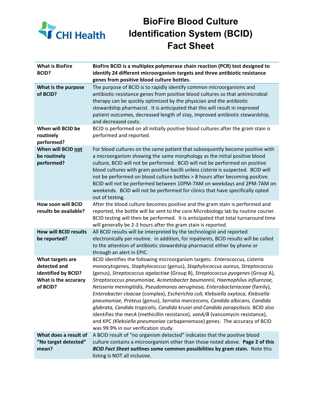 Biofire Blood Culture Identification System (BCID) Fact Sheet