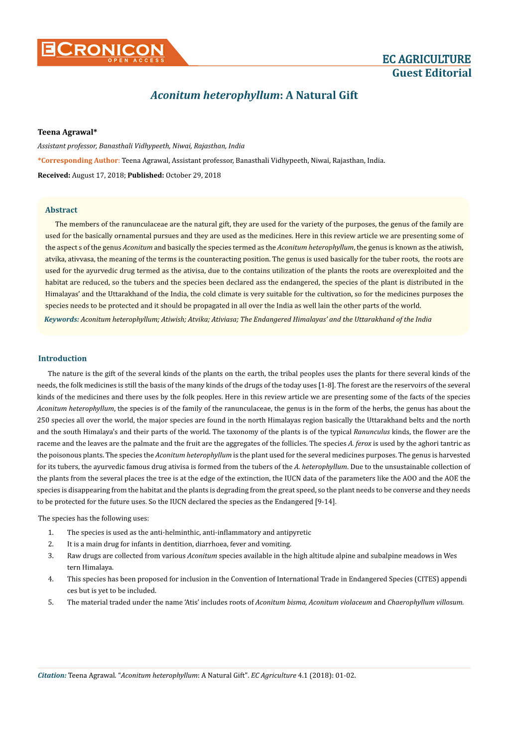 Cronicon OPEN ACCESS EC AGRICULTURE Guest Editorial Aconitum Heterophyllum: a Natural Gift