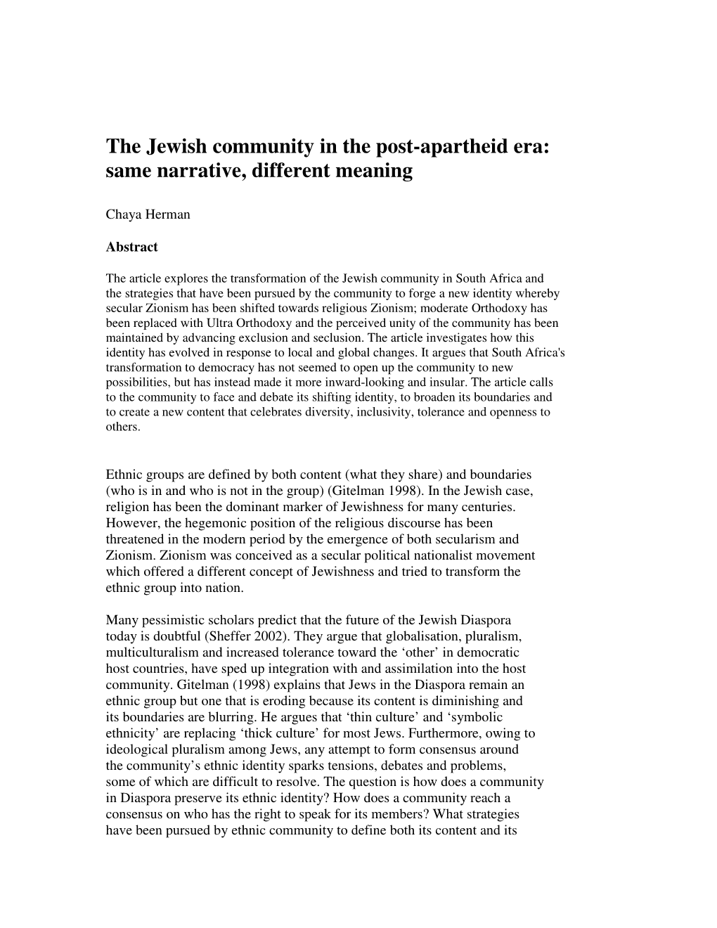 The Jewish Community in the Post-Apartheid Era: Same Narrative, Different Meaning