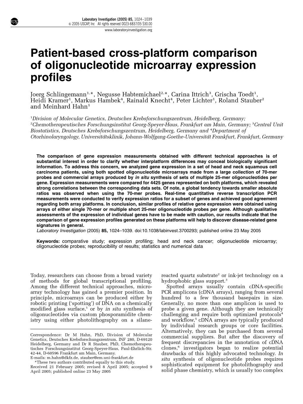 Patient-Based Cross-Platform Comparison of Oligonucleotide Microarray Expression Profiles