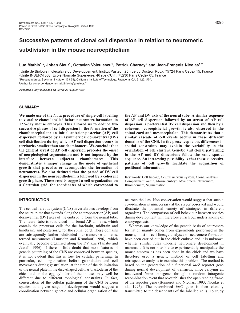 Clonal Dispersion During Neural Tube Formation 4097 of Neuromeres