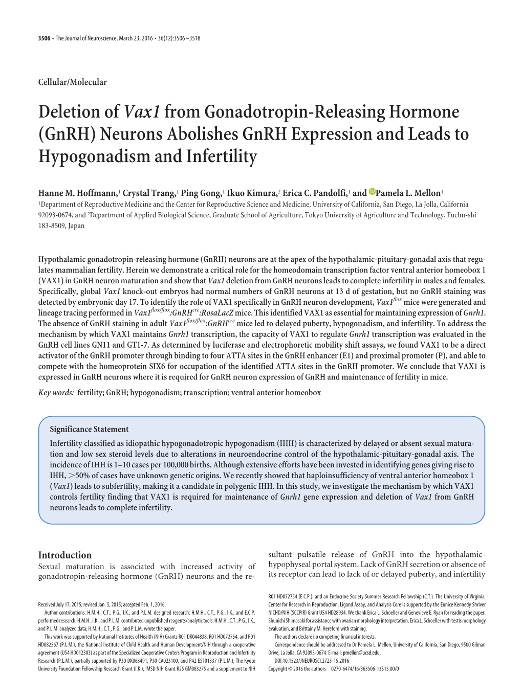 Deletion of Vax1 from Gonadotropin-Releasing Hormone (Gnrh) Neurons Abolishes Gnrh Expression and Leads to Hypogonadism and Infertility
