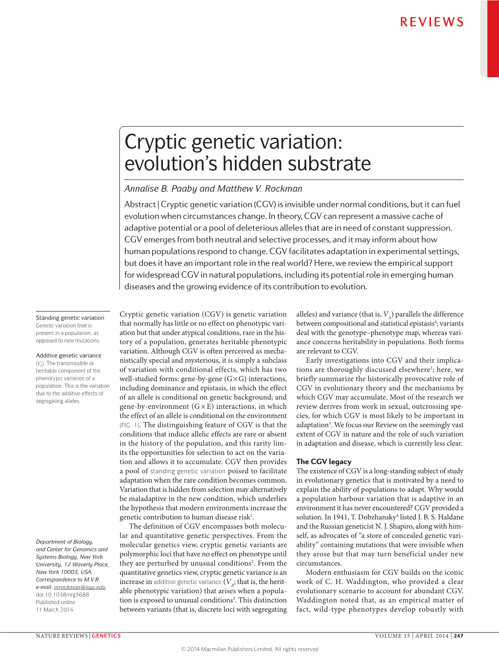 Cryptic Genetic Variation: Evolution's Hidden Substrate