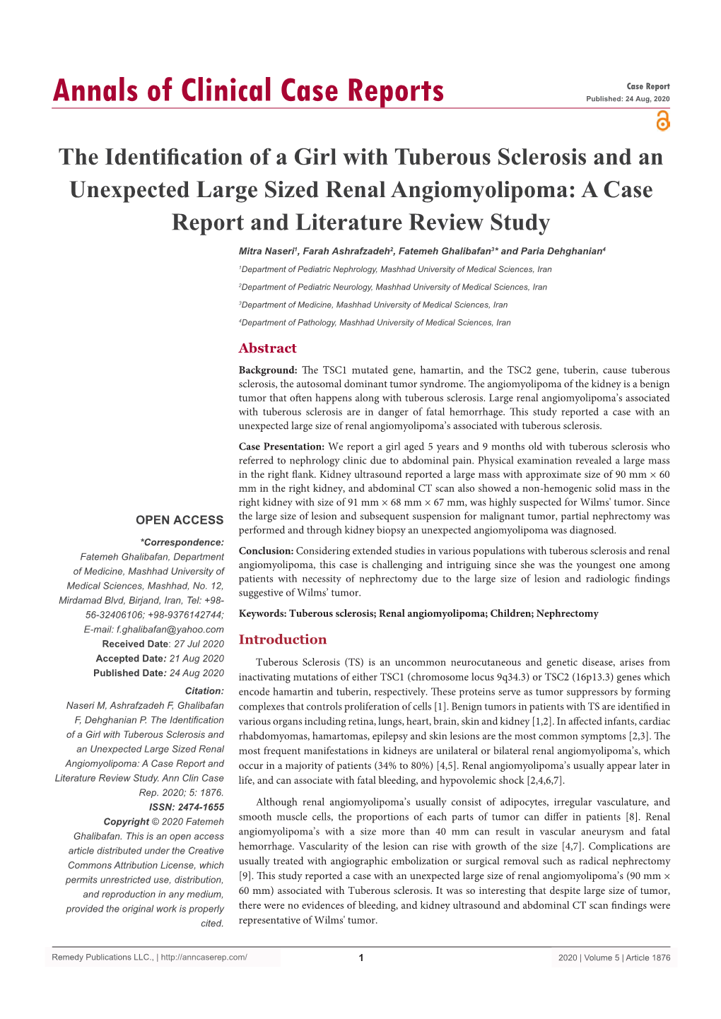 The Identification of a Girl with Tuberous Sclerosis and an Unexpected Large Sized Renal Angiomyolipoma: a Case Report and Literature Review Study