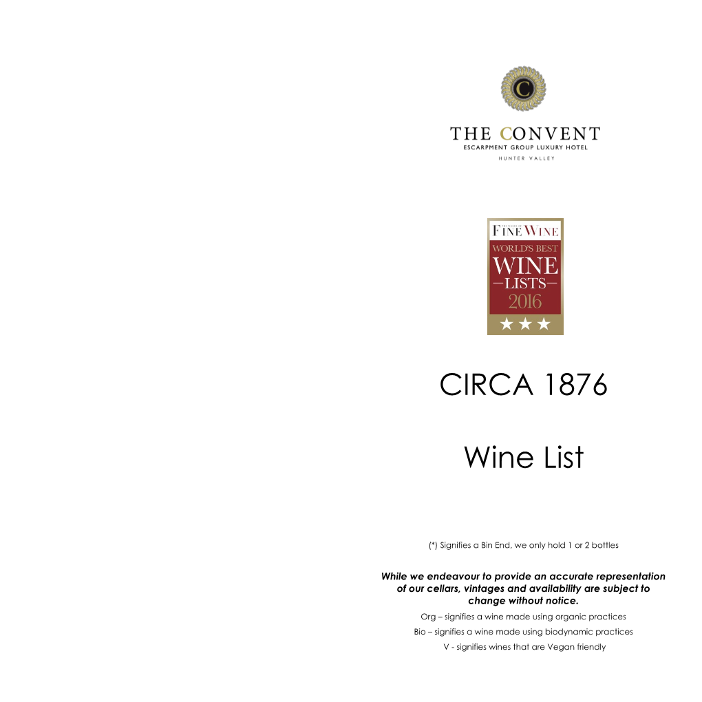 CIRCA 1876 Wine List