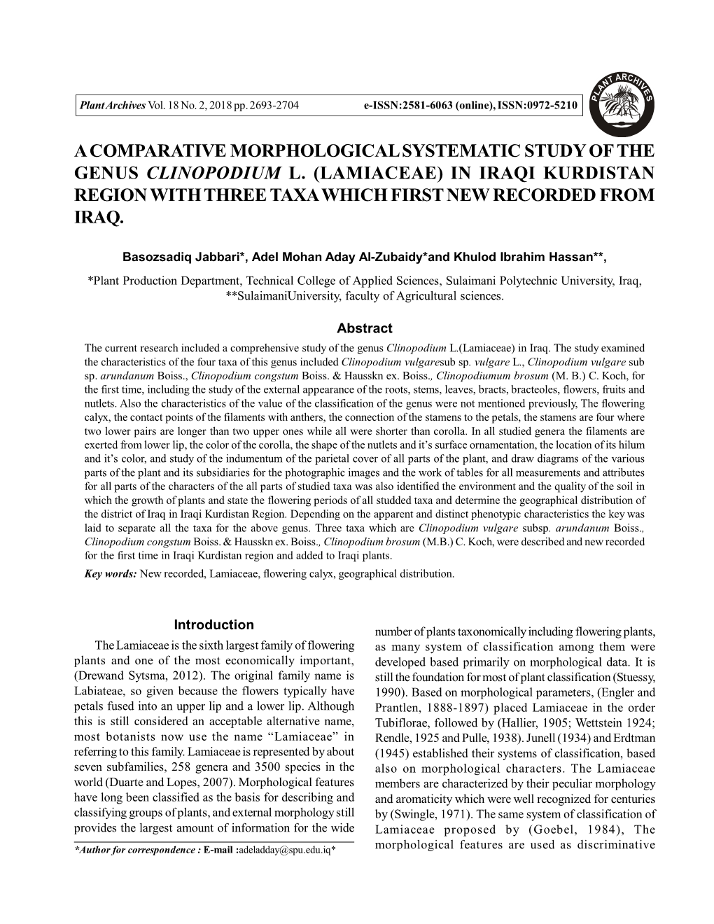 (Lamiaceae) in Iraqi Kurdistan Region with Three Taxa Which First New Recorded from Iraq