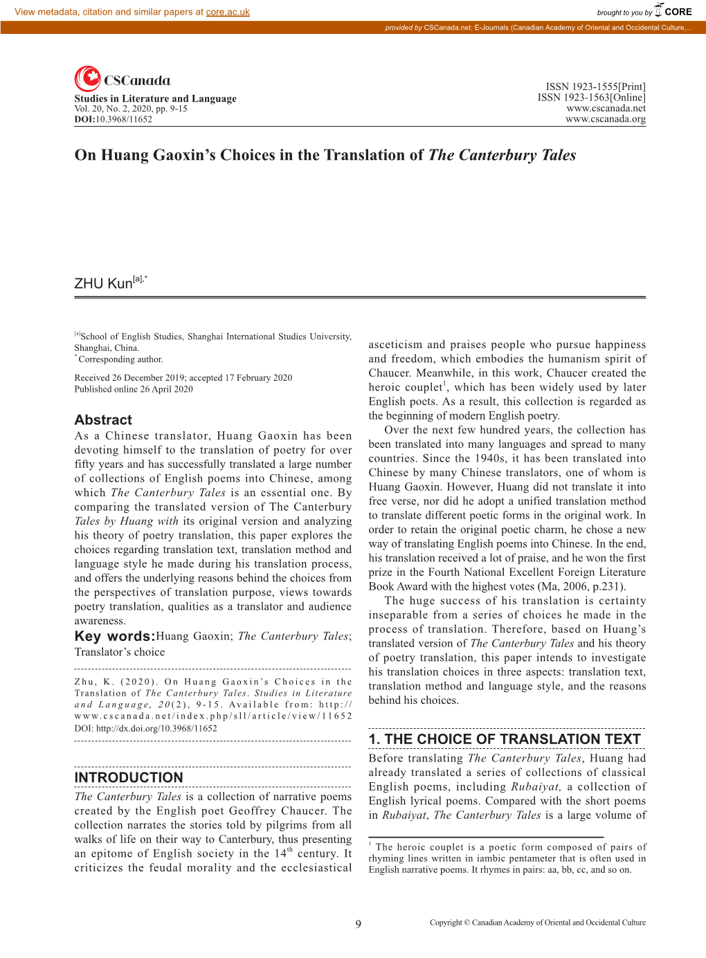 On Huang Gaoxin's Choices in the Translation of the Canterbury Tales