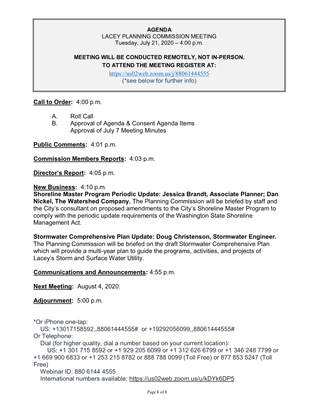 AGENDA LACEY PLANNING COMMISSION MEETING Tuesday, July 21, 2020 – 4:00 P.M