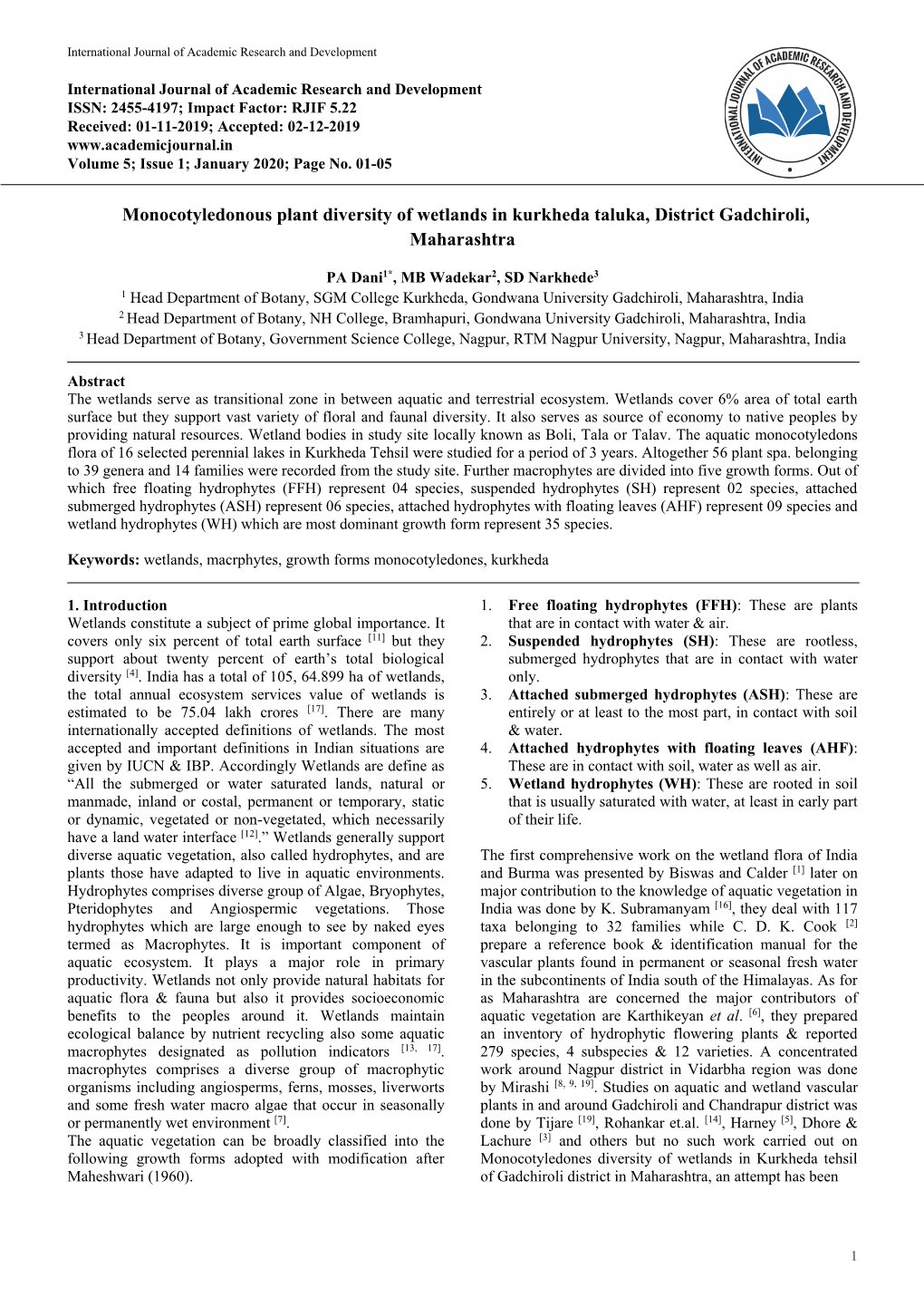 Monocotyledonous Plant Diversity of Wetlands in Kurkheda Taluka, District Gadchiroli, Maharashtra