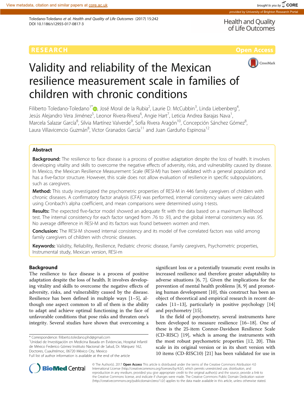 Validity and Reliability of the Mexican Resilience Measurement Scale In
