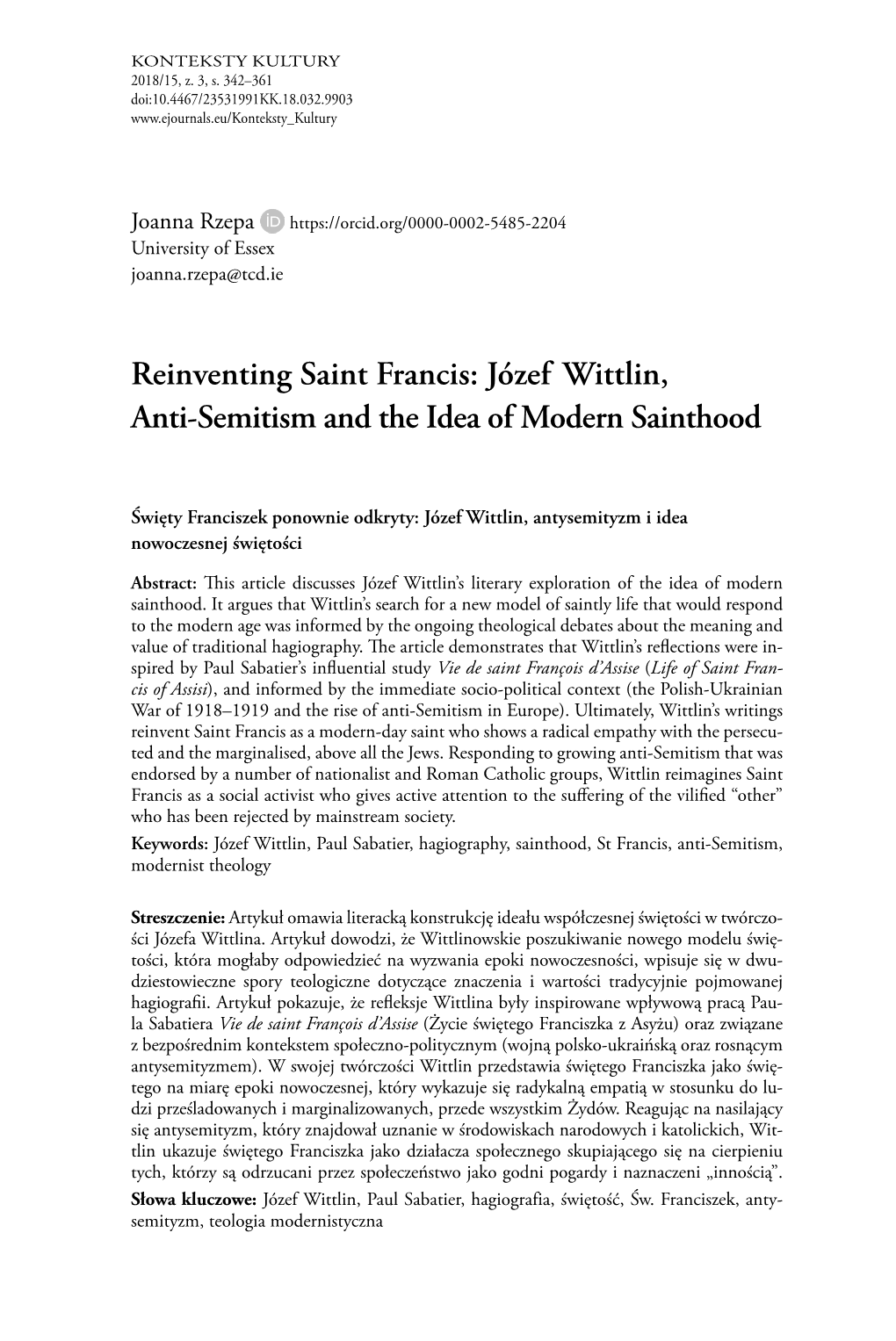 Reinventing Saint Francis: Józef Wittlin, Anti-Semitism and the Idea of Modern Sainthood