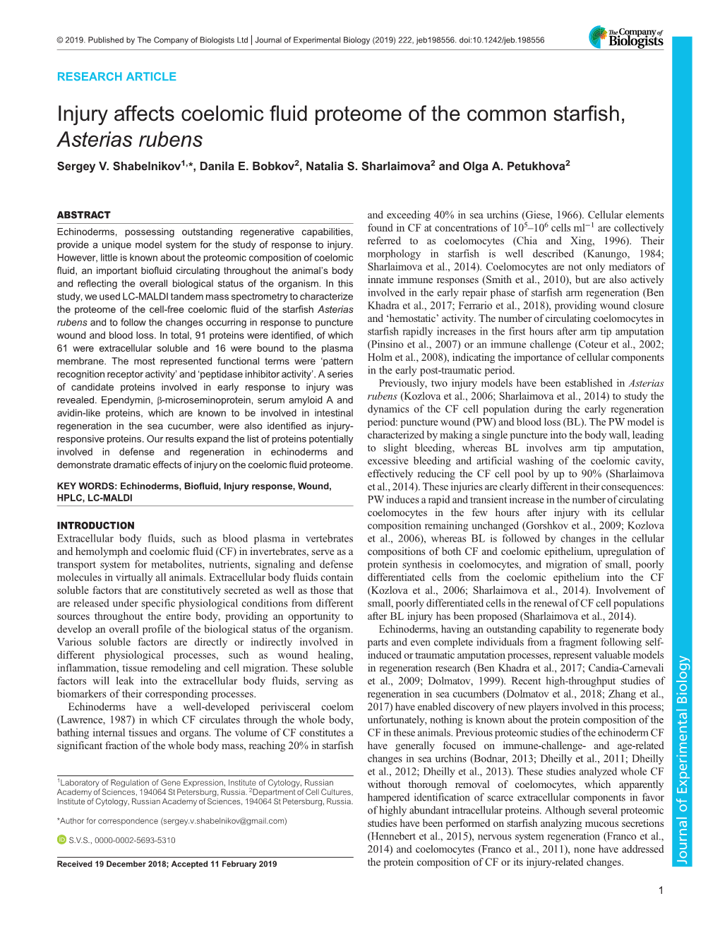 Injury Affects Coelomic Fluid Proteome of the Common Starfish, Asterias Rubens Sergey V