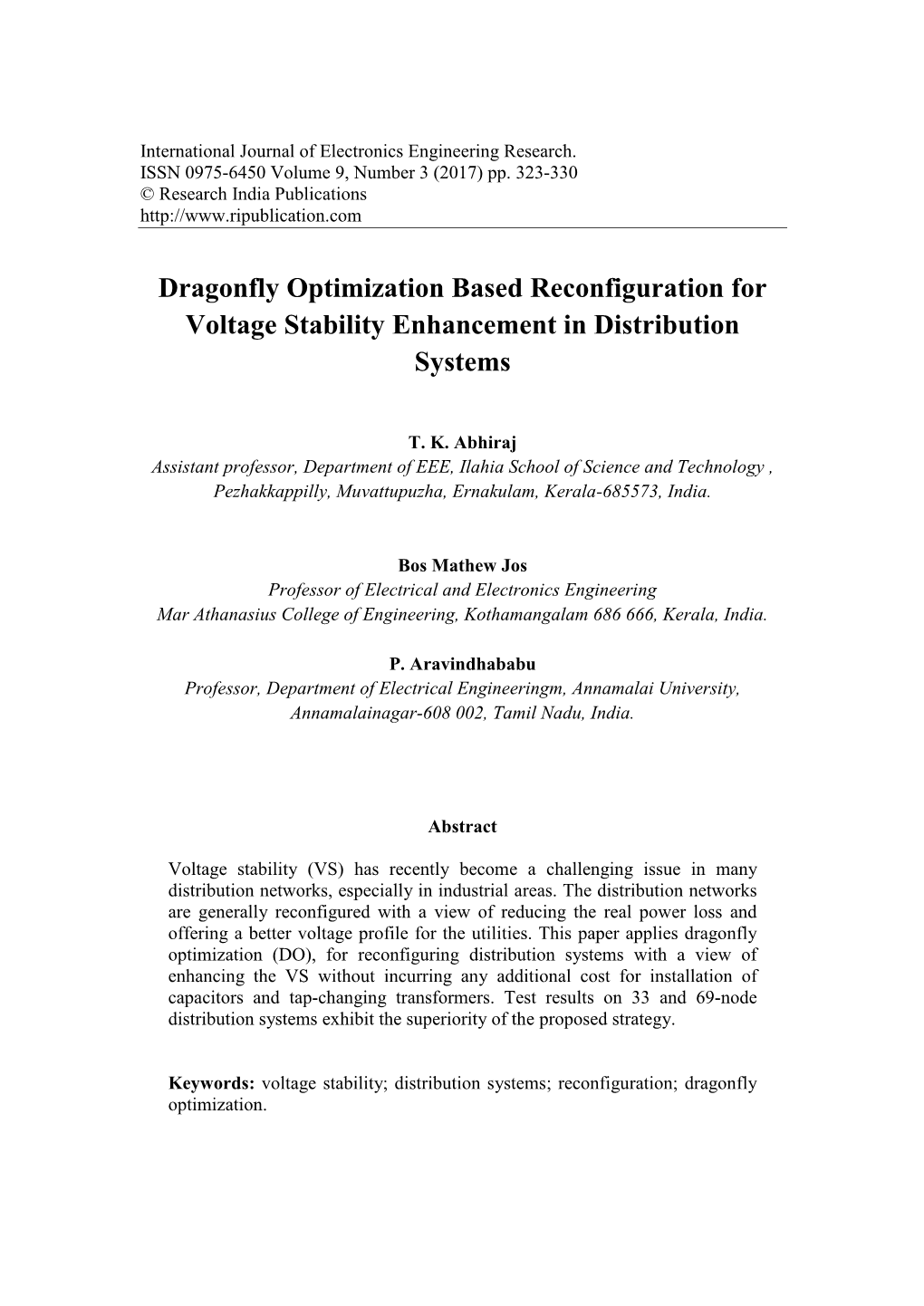 Dragonfly Optimization Based Reconfiguration for Voltage Stability Enhancement in Distribution Systems