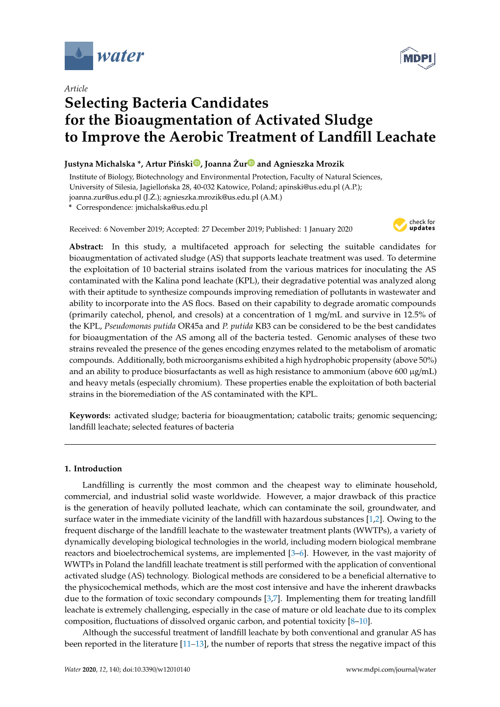 Selecting Bacteria Candidates for the Bioaugmentation of Activated Sludge to Improve the Aerobic Treatment of Landﬁll Leachate